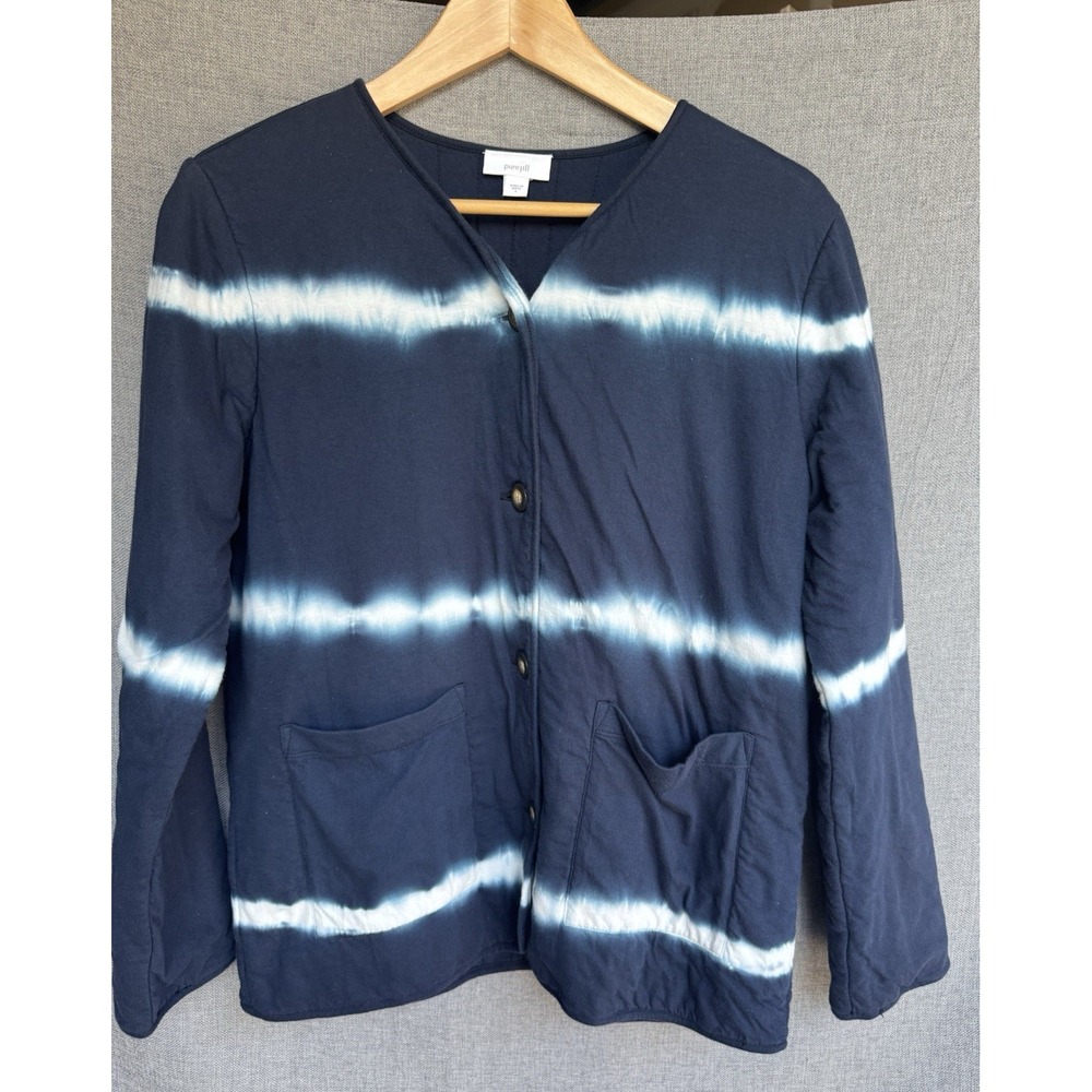 J Jill Pure Jill Small Quilted Jacket‎ Blue Tie Dye Pockets Button Cardigan Soft